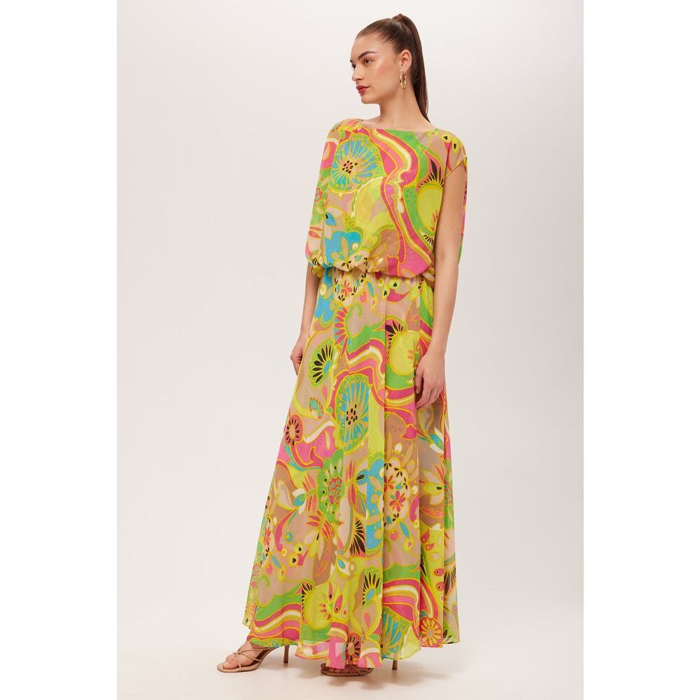 TRINA TURK Vantage Short-Sleeve Maxi Dress Venus Print Size Medium Yellow Retro